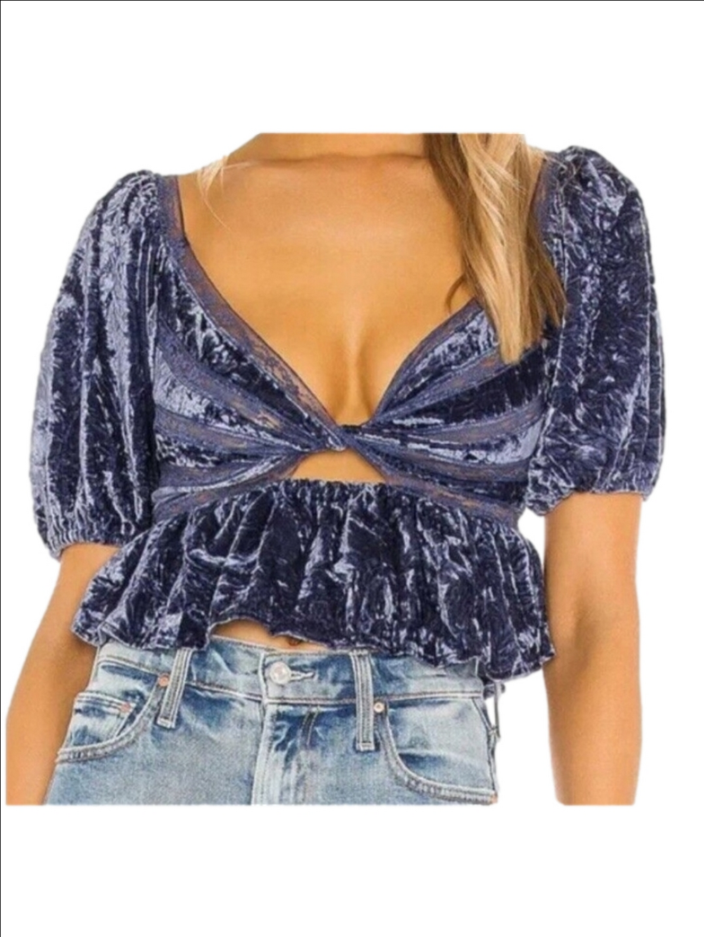 FREE PEOPLE "YOURS TRULY" WILD BLUE VELVET RUFFLE LACE PEPLUM WOMEN'S TOP